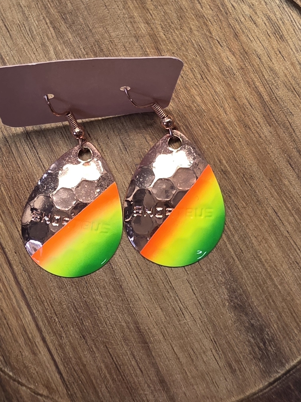 Handmade Teardrop Lure Dangle Earrings in Rose Gold, Neon Orange, Yellow & Green